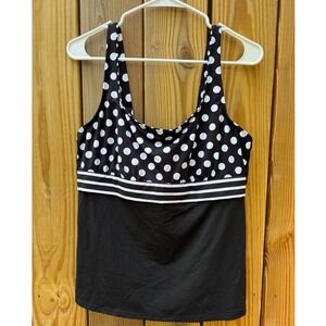 Lands End Womens Polka Dot Tankini Top Black White Stripe 14 Swimwear Underwire